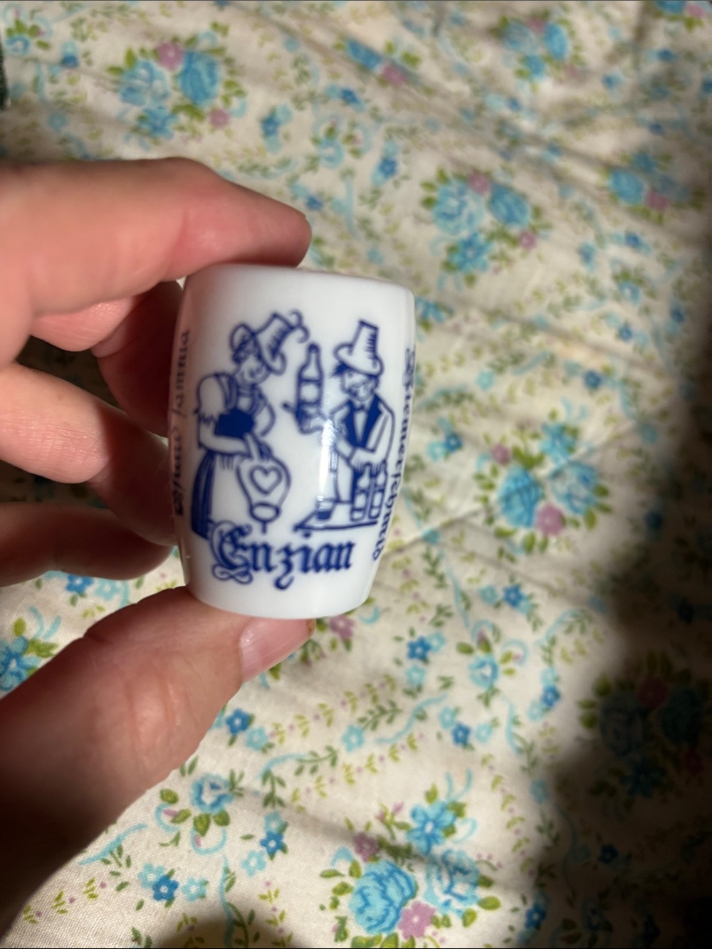 White Mini Mug with Blue Transfer Design